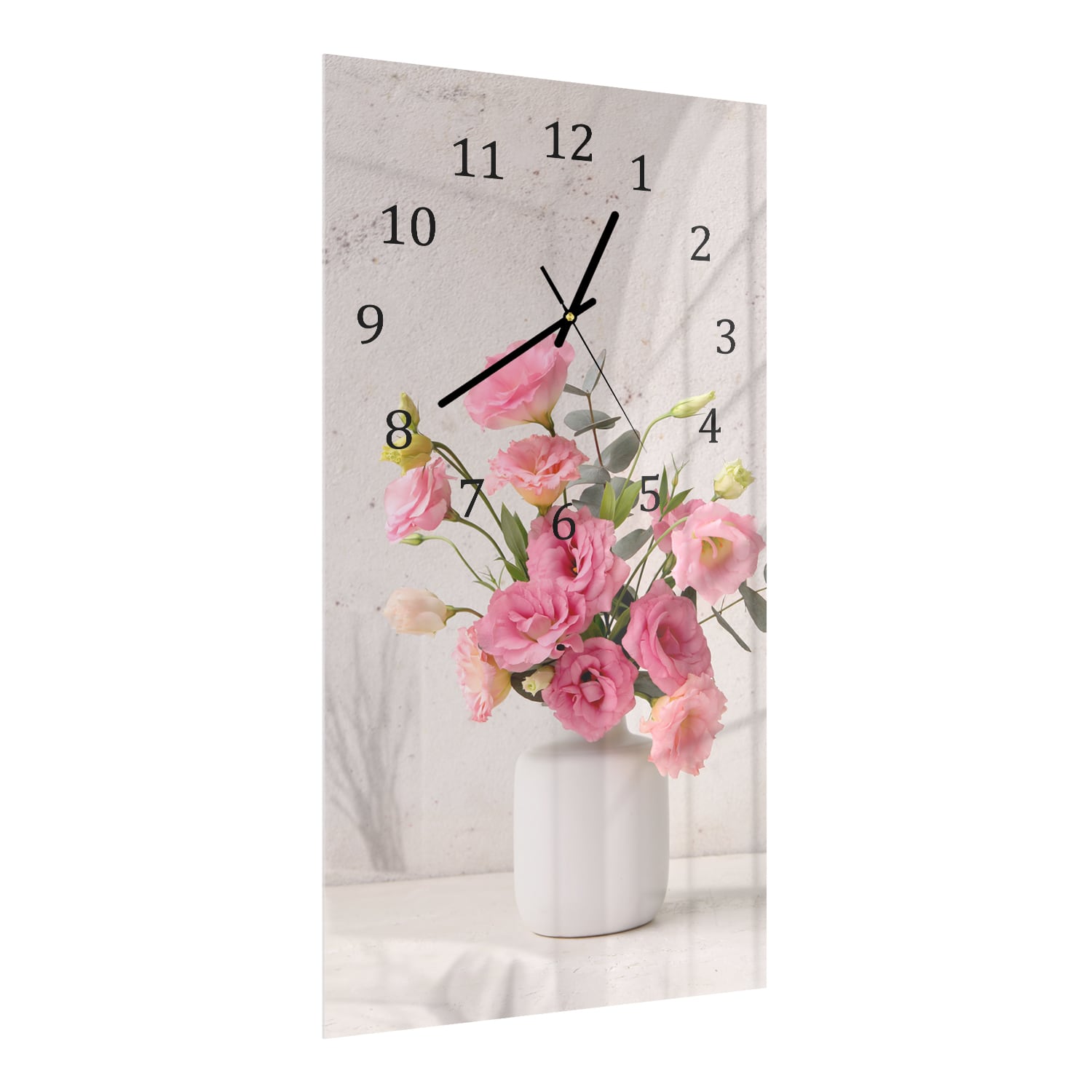 Wandklok 30x60  - Gehard Glas - Roze Eustoma in Witte Vaas