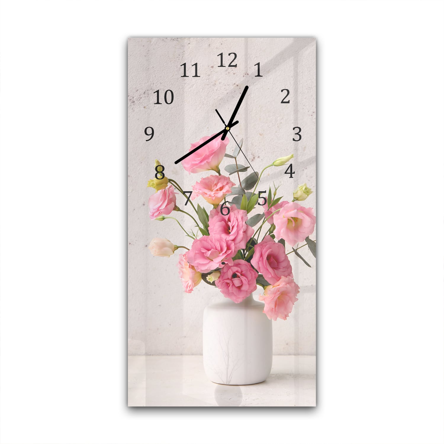 Wandklok 30x60  - Gehard Glas - Roze Eustoma in Witte Vaas