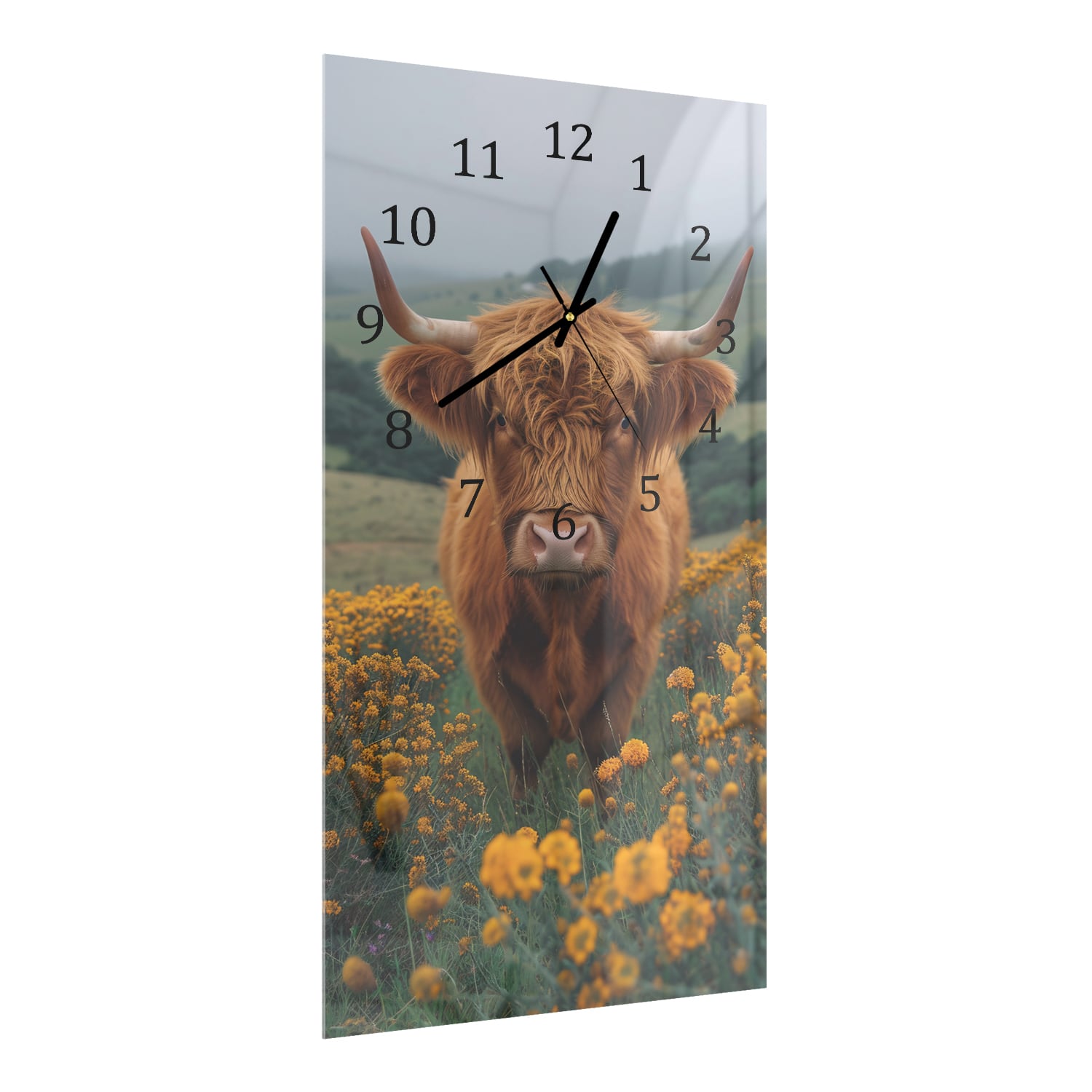 Wandklok 30x60  - Gehard Glas - Schotse Hooglander Tussen Bloemen