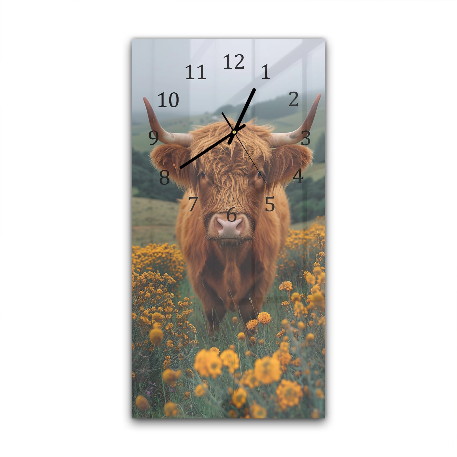 Wandklok 30x60  - Gehard Glas - Schotse Hooglander Tussen Bloemen