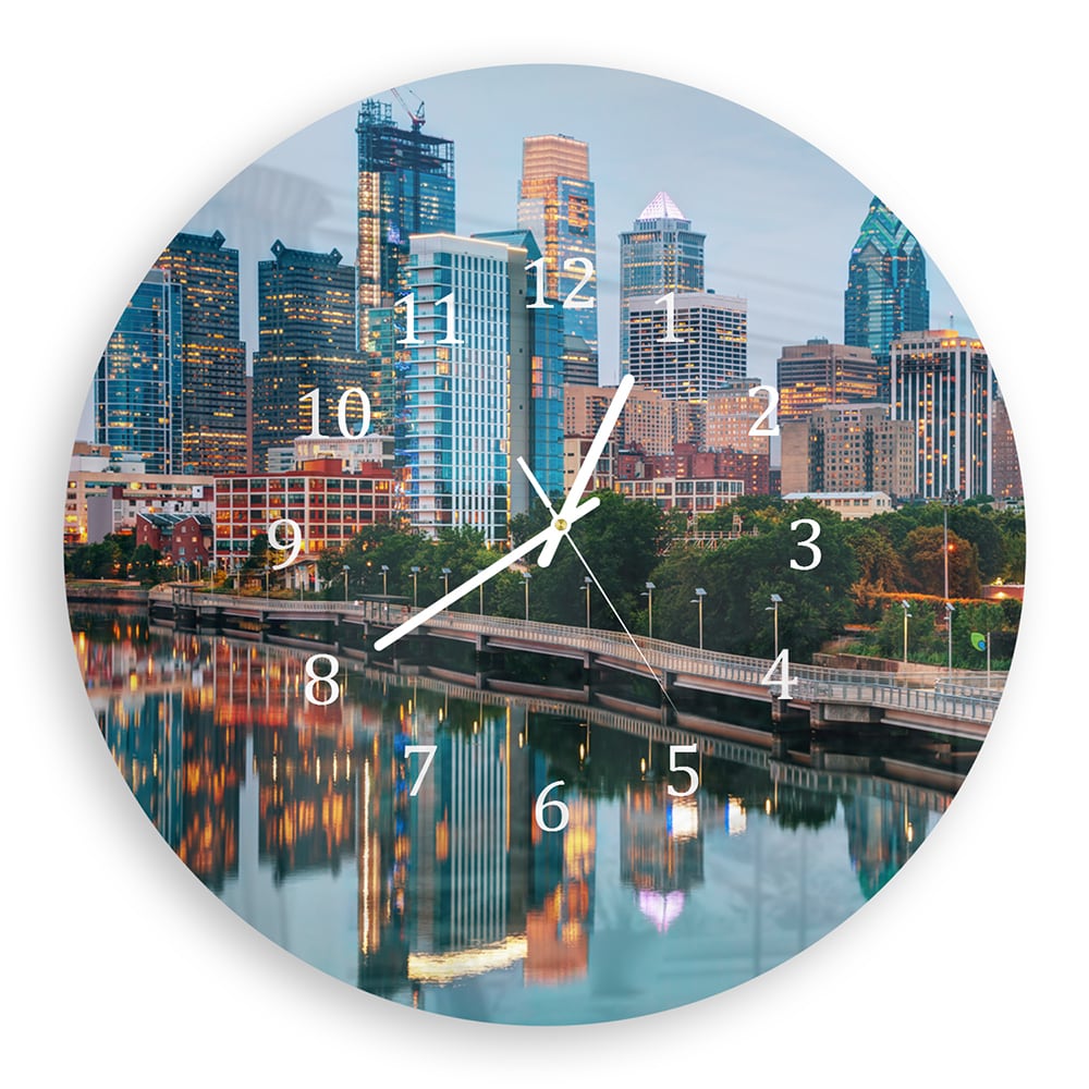 Wandklok Rond 30cm - Gehard Glas - Philadelphia Skyline bij Nacht