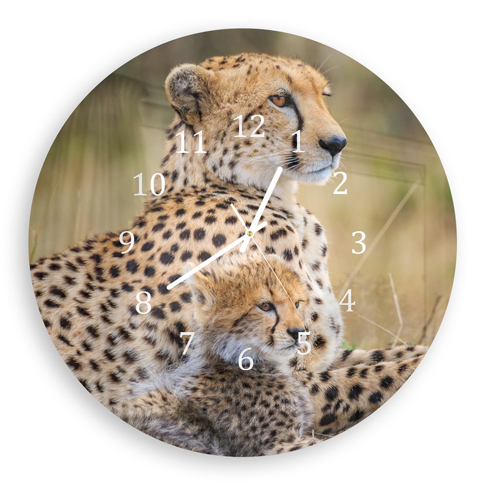 Wandklok Rond 30cm - Gehard Glas - Cheetah met Pup