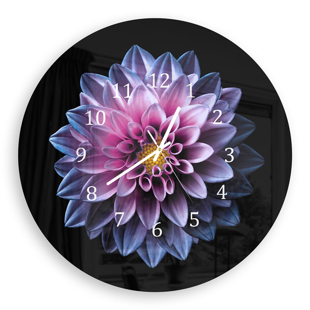 Wandklok Rond 30cm - Gehard Glas - Blauw/Roze Dahlia