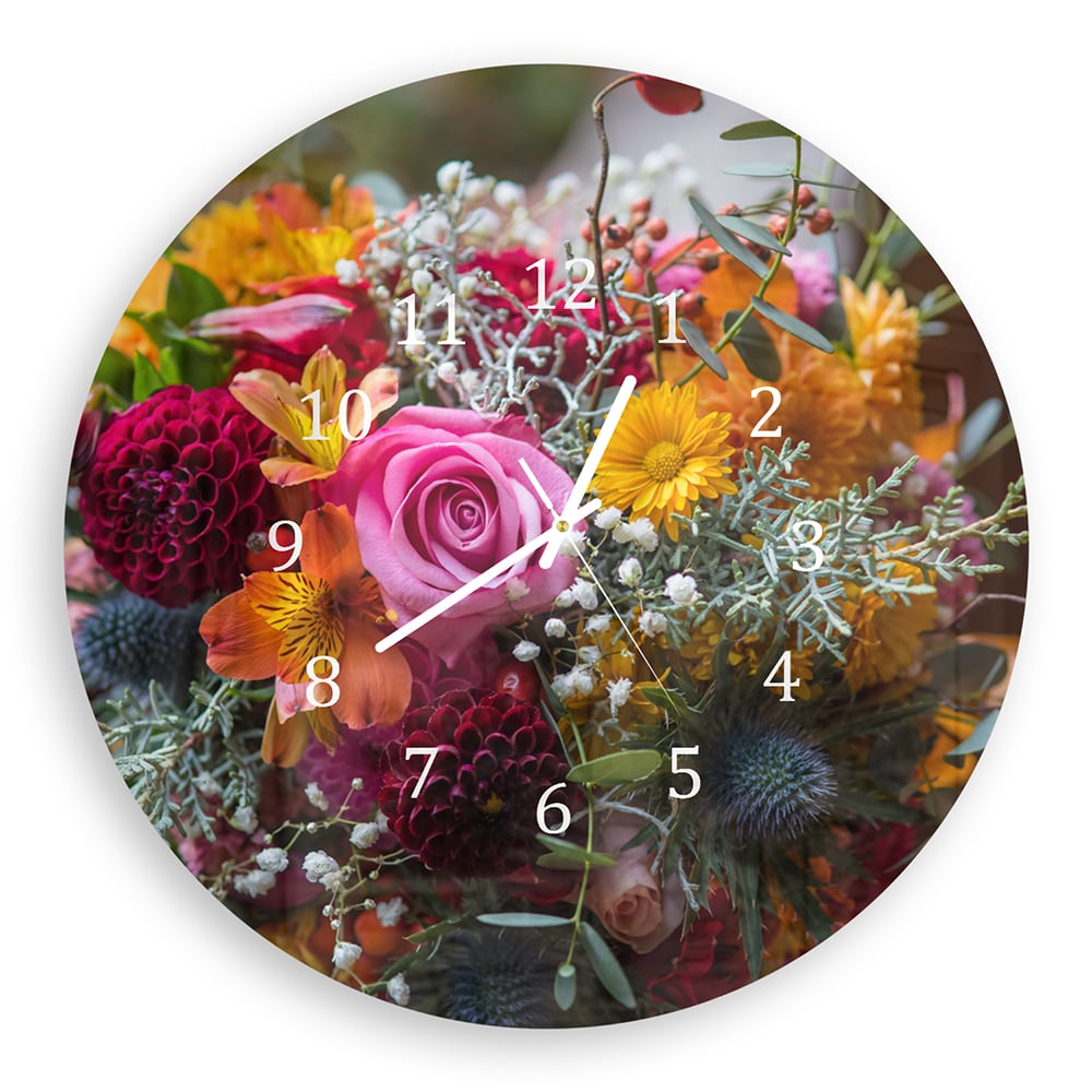 Wandklok Rond 30cm - Gehard Glas - Kleurrijk Bloemboeket