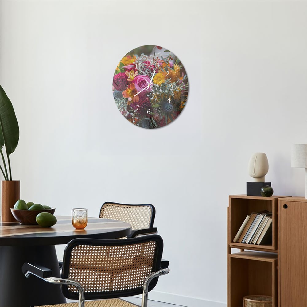 Wandklok Rond 30cm - Gehard Glas - Kleurrijk Bloemboeket