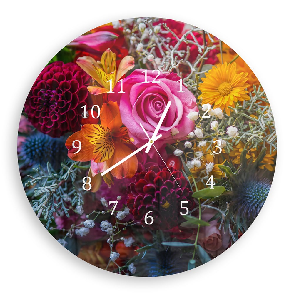 Wandklok Rond 30cm - Gehard Glas - Levendig Bloemenboeket