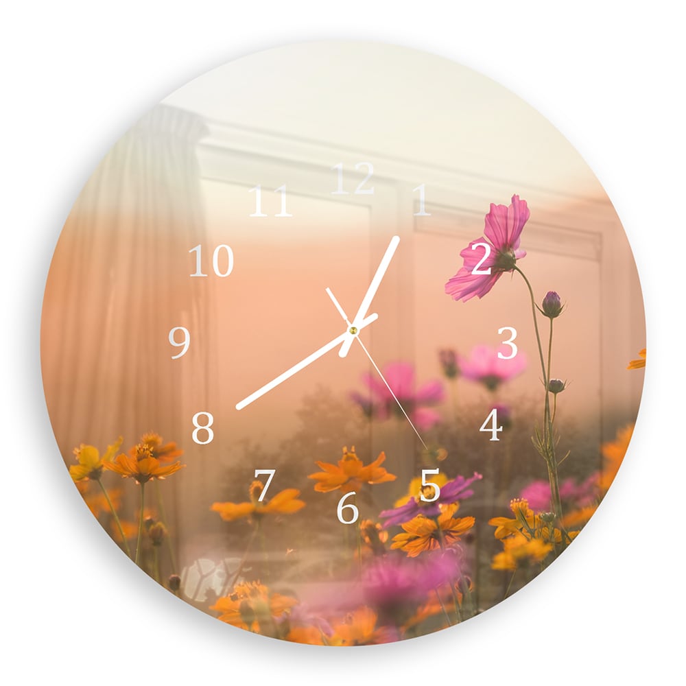 Wandklok Rond 30cm - Gehard Glas - Kleurrijke Bloemen bij Zonsondergang