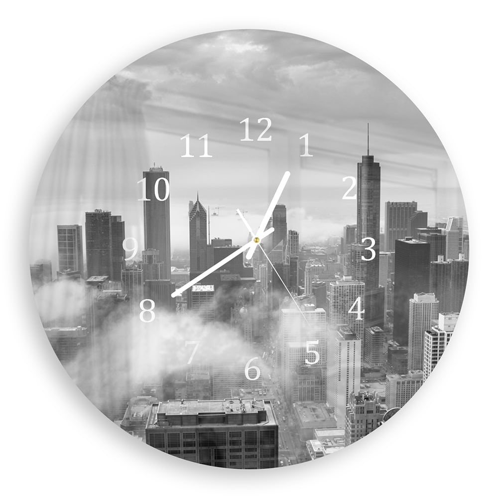 Wandklok Rond 30cm - Gehard Glas - Chicago Skyline in de Mist