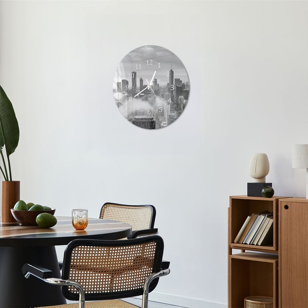 Wandklok Rond 30cm - Gehard Glas - Chicago Skyline in de Mist