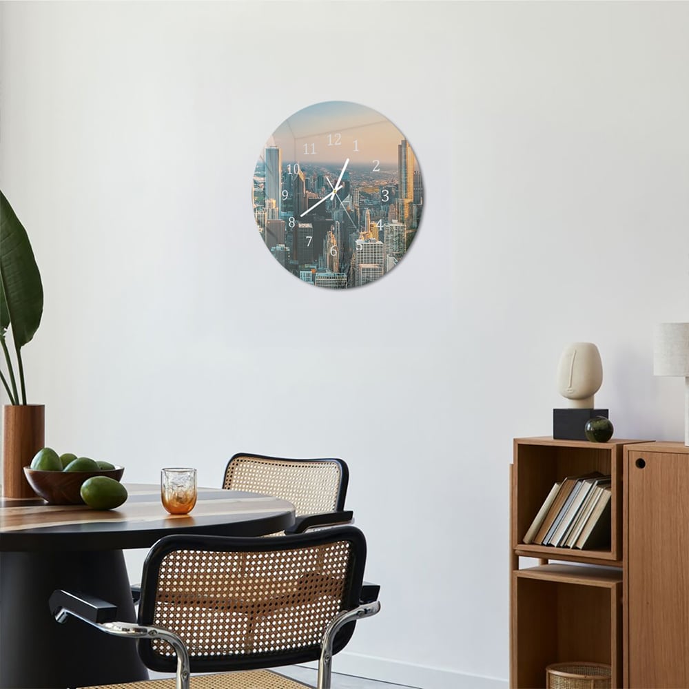 Wandklok Rond 30cm - Gehard Glas - Chicago Skyline bij Zonsondergang