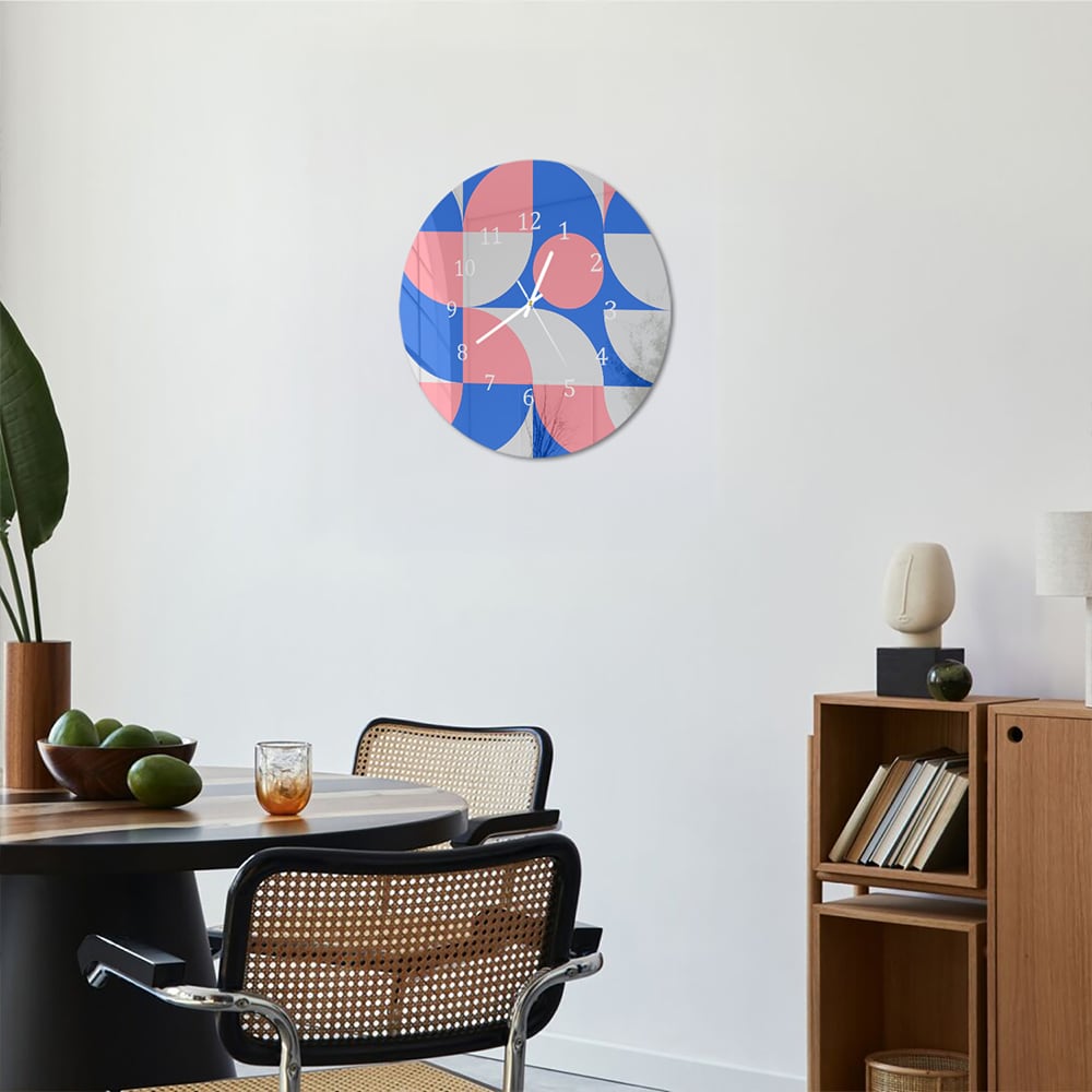 Wandklok Rond 30cm - Gehard Glas - Blauw/Oranje Abstract Kunstwerk