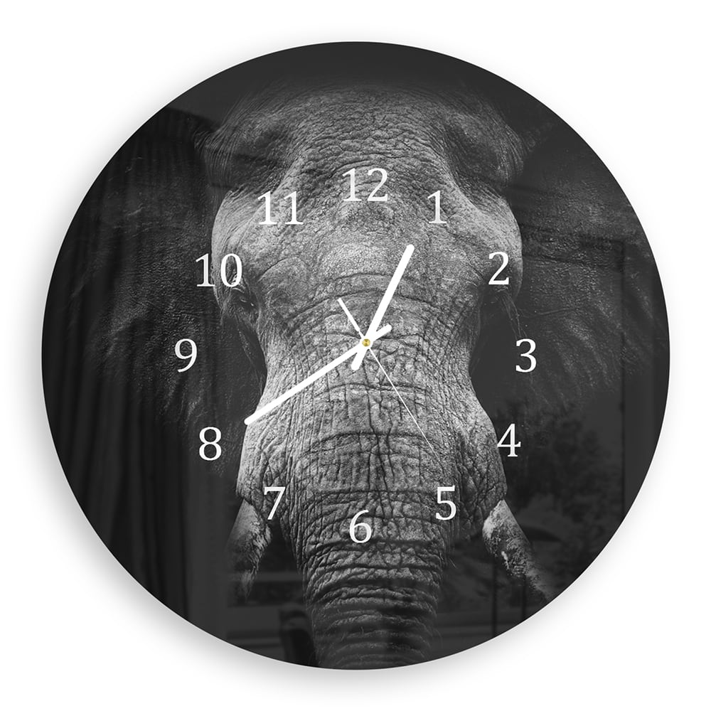 Wandklok Rond 30cm - Gehard Glas - Zwart/Wit Olifant