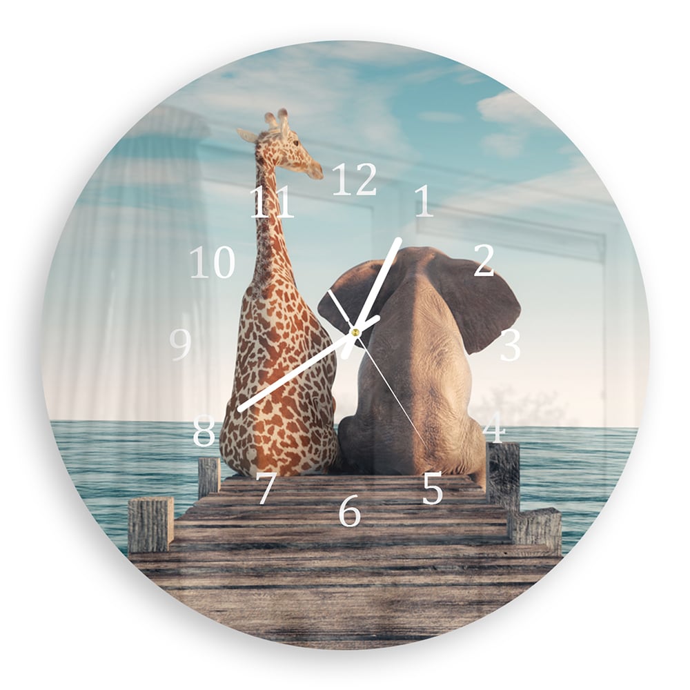 Wandklok Rond 30cm - Gehard Glas - Giraffe en Olifant