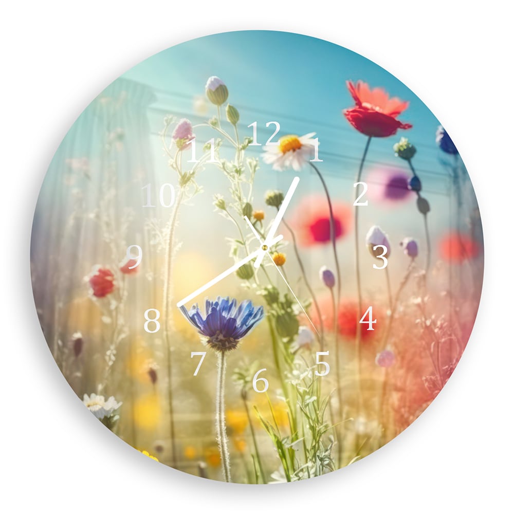 Wandklok Rond 30cm - Gehard Glas - Kleurrijke Wildbloemenweide