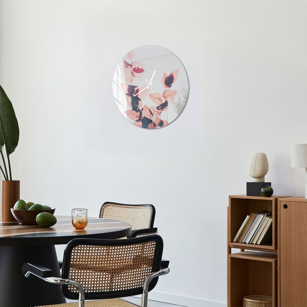 Wandklok Rond 30cm - Gehard Glas - Waterverf Roze Bladeren