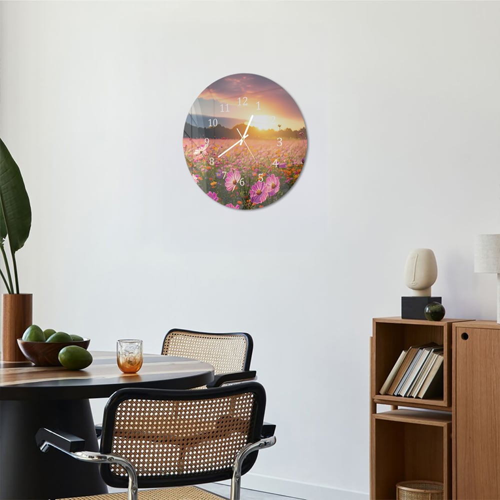 Wandklok Rond 30cm - Gehard Glas - Zomerbloemen bij Zonsondergang