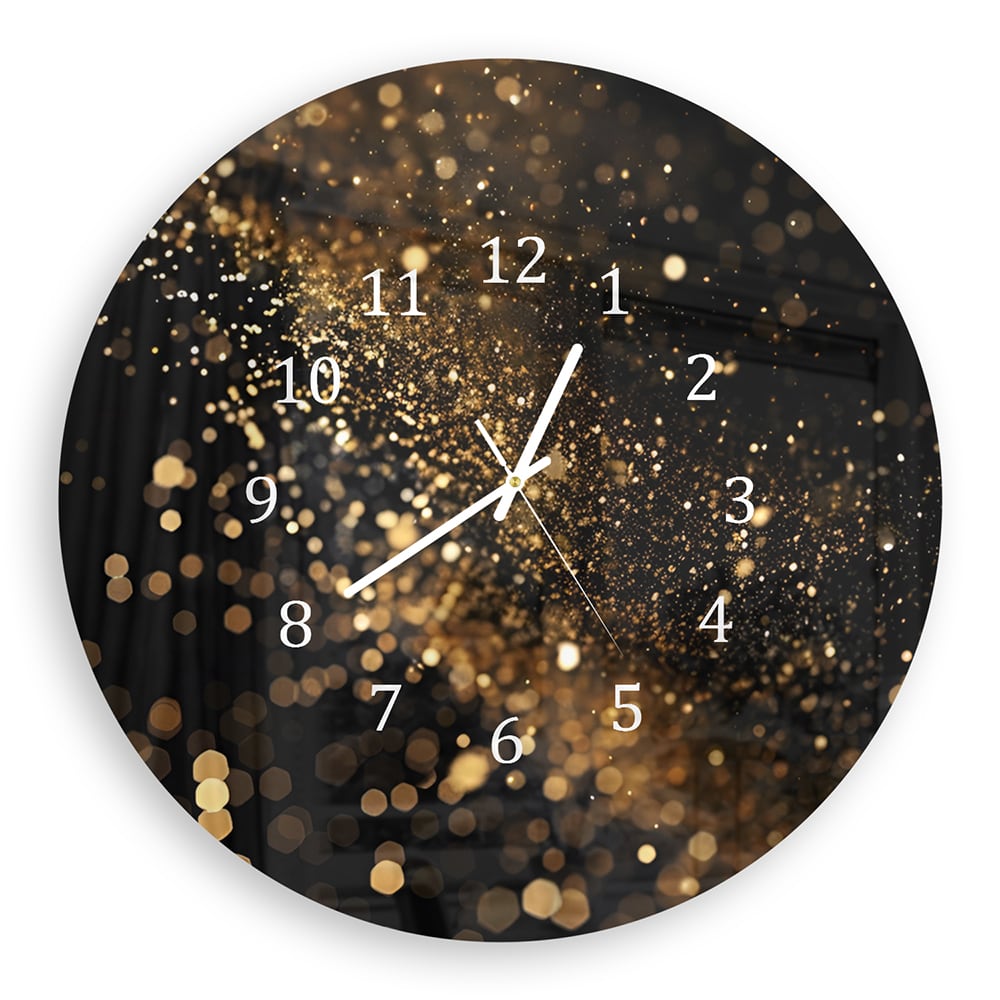 Wandklok Rond 30cm - Gehard Glas - Zwarte Achtergrond met Gouden Glitter