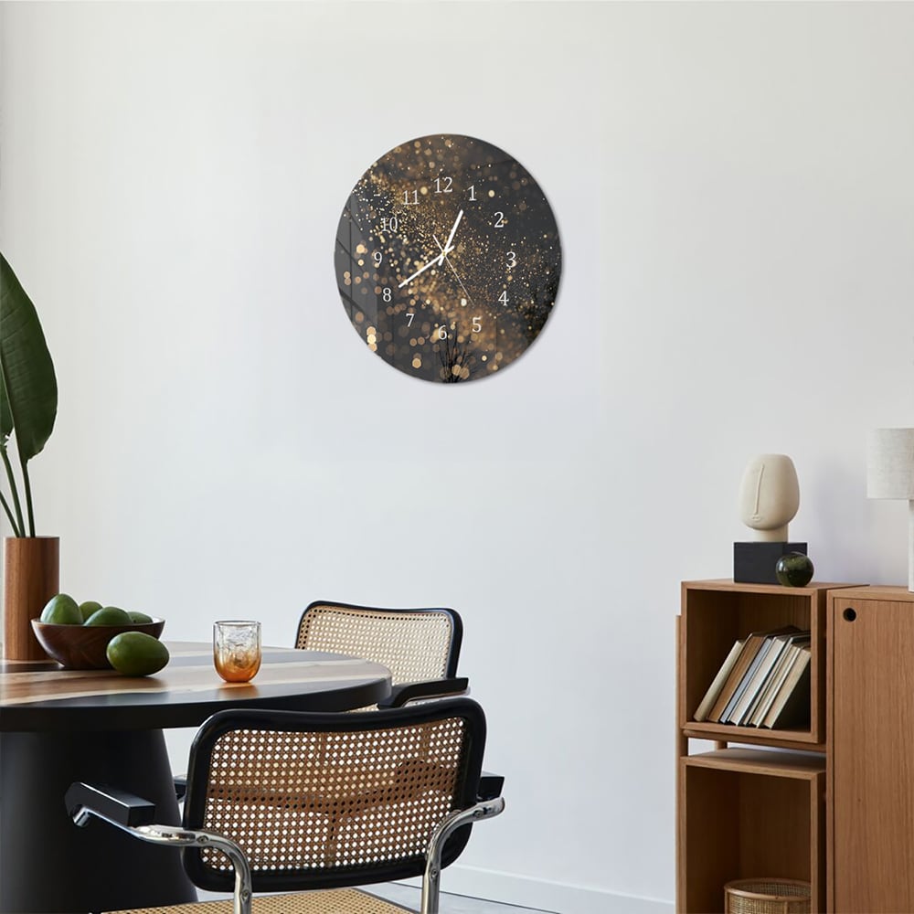 Wandklok Rond 30cm - Gehard Glas - Zwarte Achtergrond met Gouden Glitter