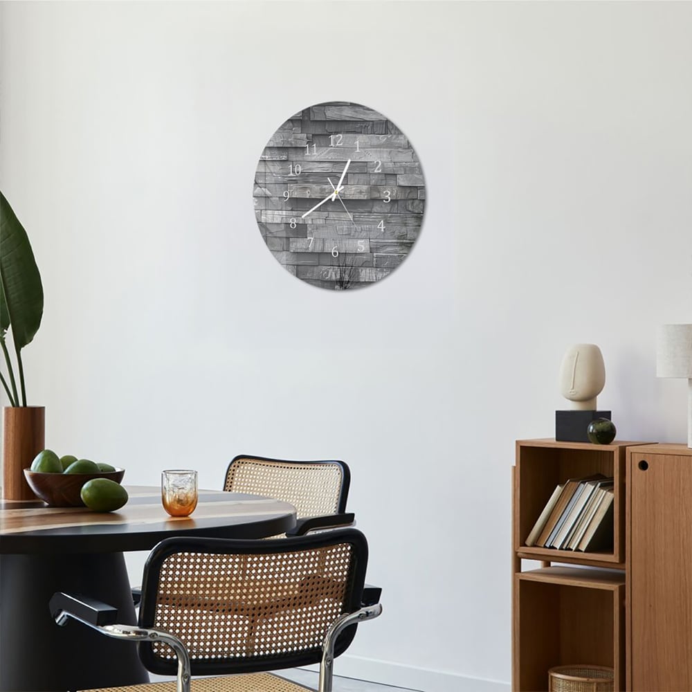 Wandklok Rond 30cm - Gehard Glas - Stenen Muur Zwart-Wit