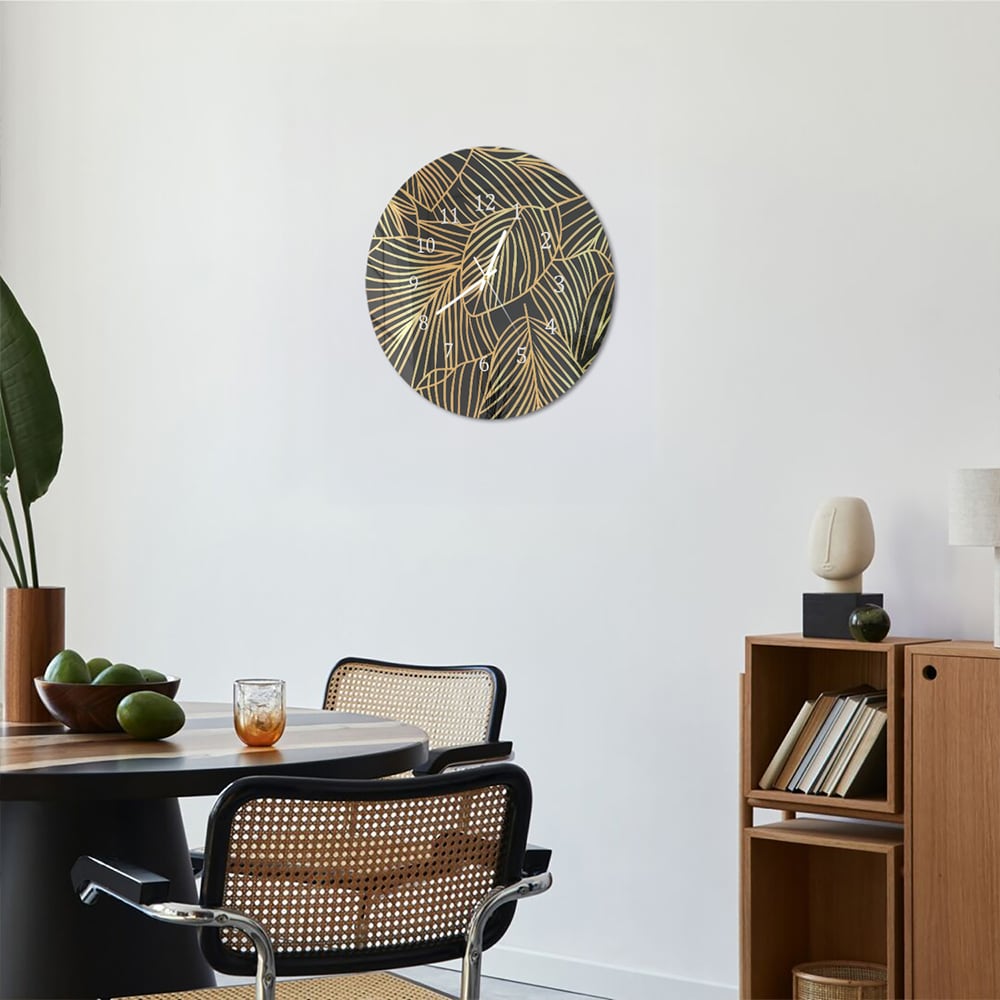 Wandklok Rond 30cm - Gehard Glas - Gouden Blaadjes op Zwart