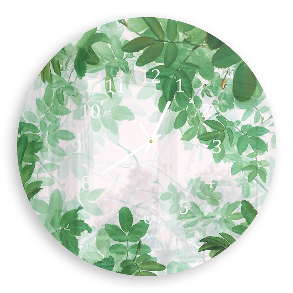 Wandklok Rond 30cm - Gehard Glas - Waterverf Schilderij Groene Bladeren