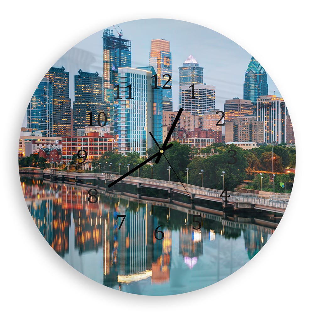 Wandklok Rond 30cm - Gehard Glas - Philadelphia Skyline bij Nacht