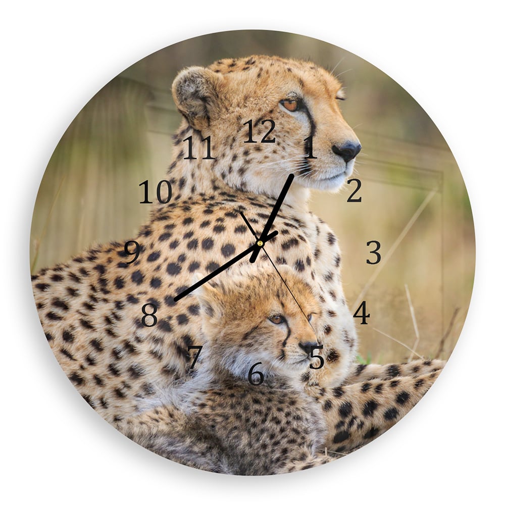 Wandklok Rond 30cm - Gehard Glas - Cheetah met Pup