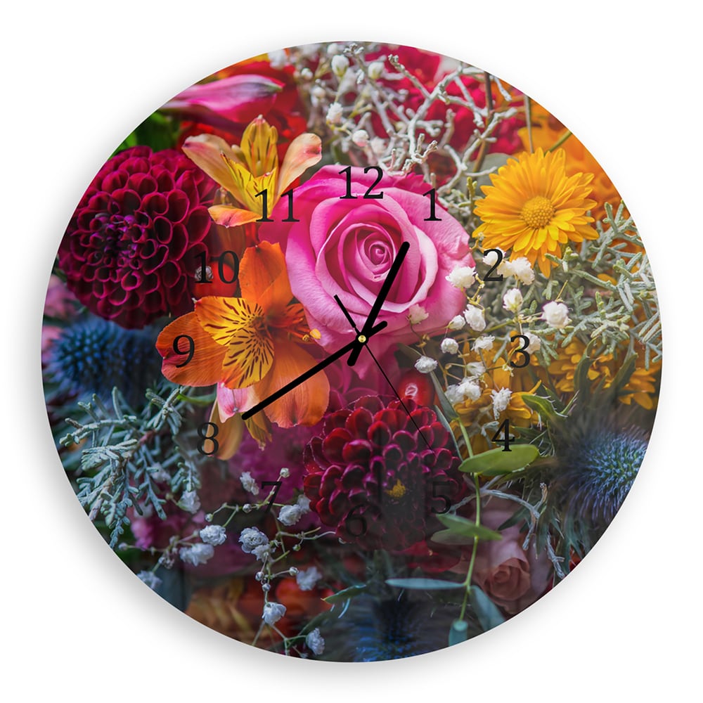 Wandklok Rond 30cm - Gehard Glas - Levendig Bloemenboeket