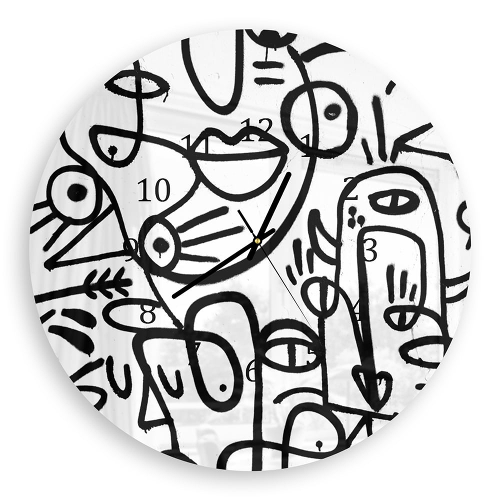 Wandklok Rond 30cm - Gehard Glas - Zwart-wit Graffiti Patroon