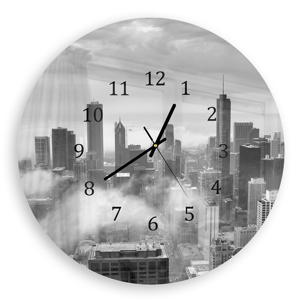 Wandklok Rond 30cm - Gehard Glas - Chicago Skyline in de Mist