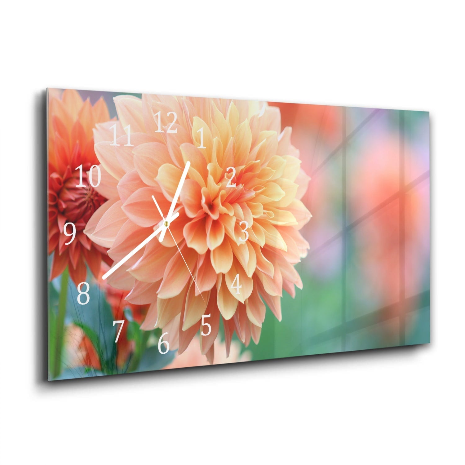 Wandklok 60x30 - Gehard Glas - Roze/Gele Dahlia