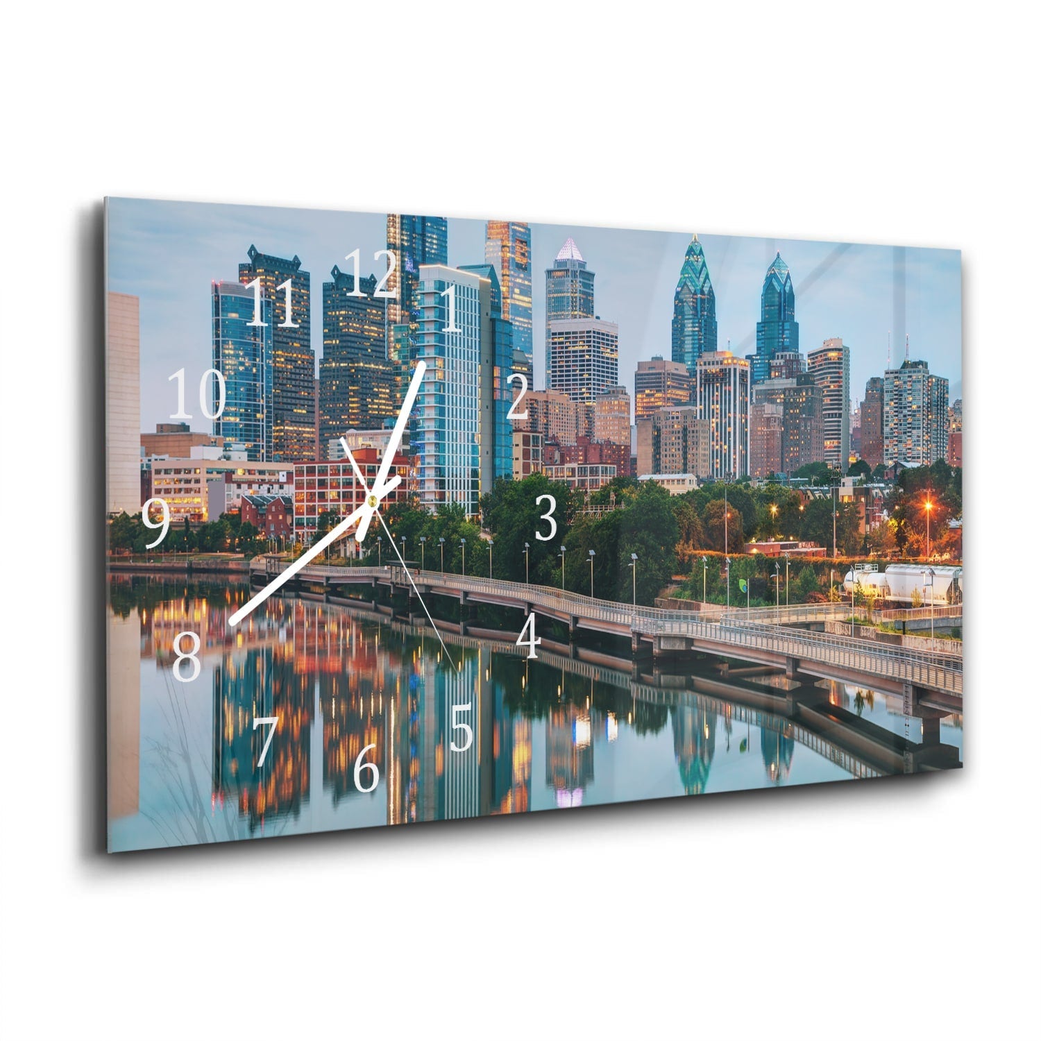 Wandklok 60x30 - Gehard Glas - Philadelphia Skyline bij Nacht