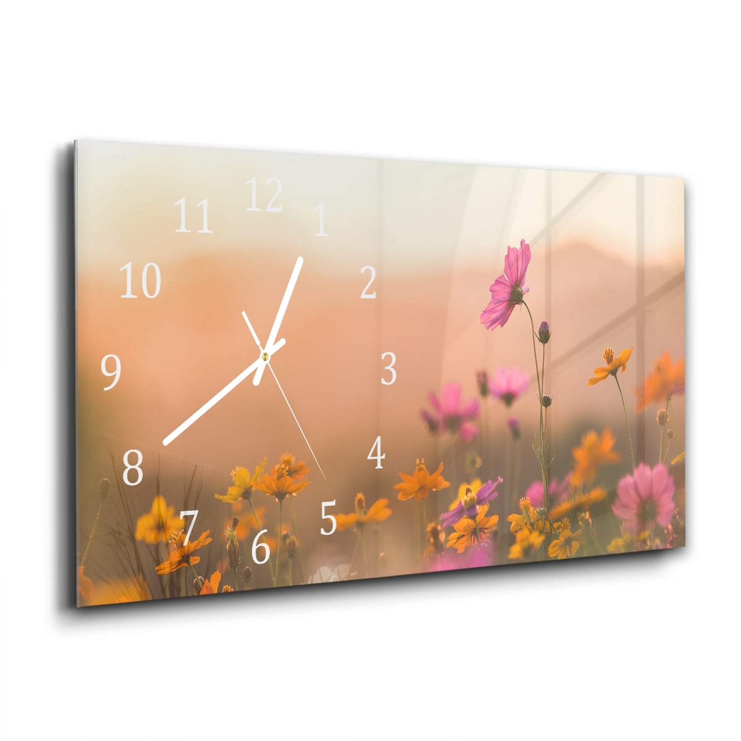 Wandklok 60x30 - Gehard Glas - Kleurrijke Bloemen bij Zonsondergang