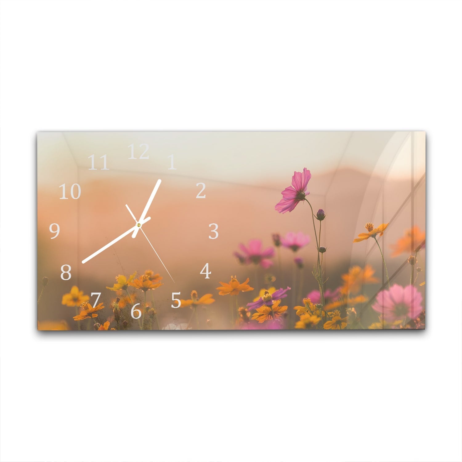 Wandklok 60x30 - Gehard Glas - Kleurrijke Bloemen bij Zonsondergang