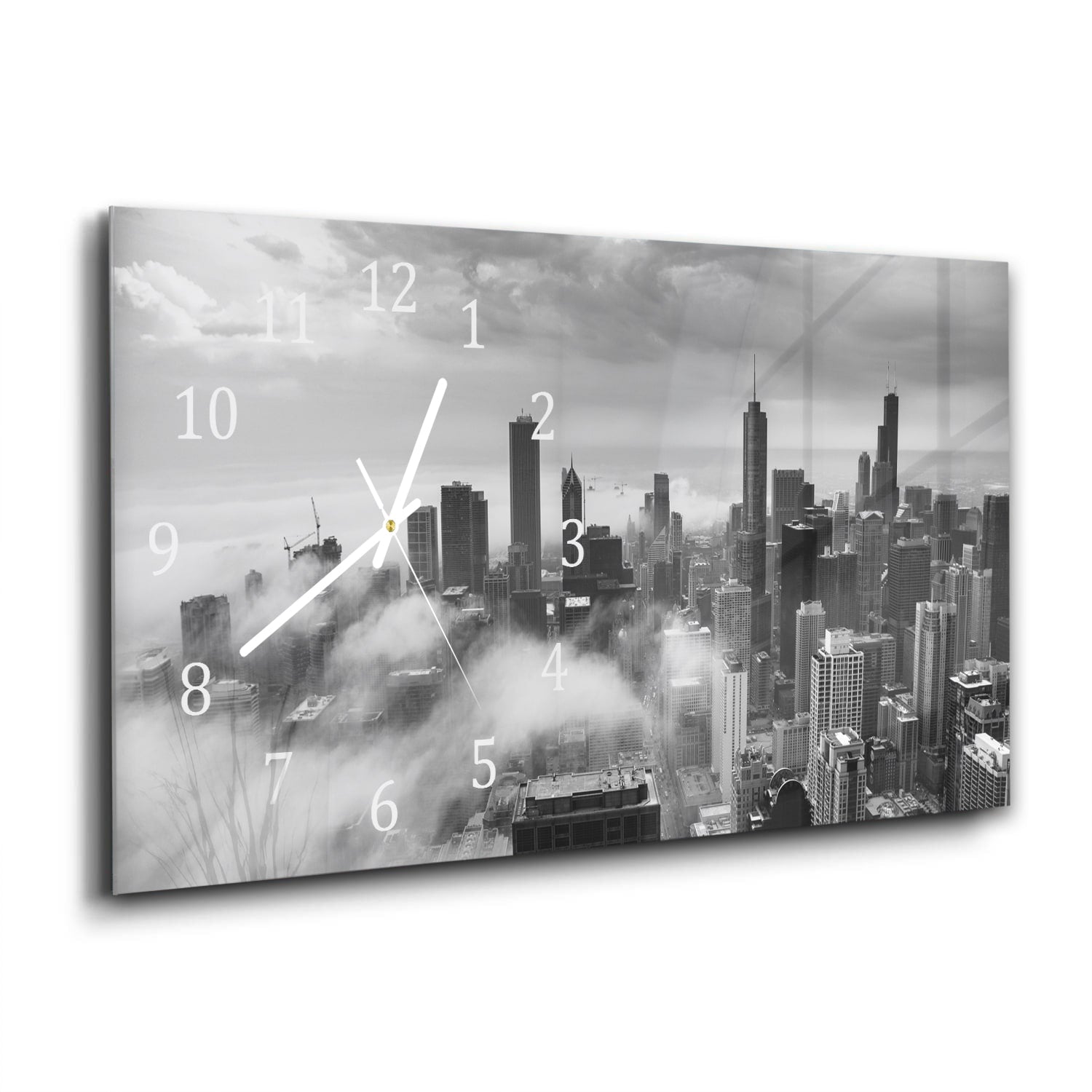 Wandklok 60x30 - Gehard Glas - Chicago Skyline in de Mist