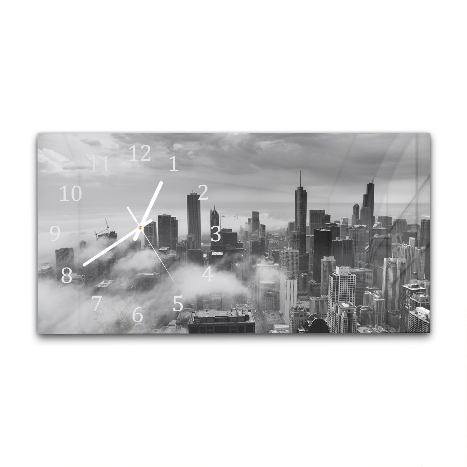 Wandklok 60x30 - Gehard Glas - Chicago Skyline in de Mist