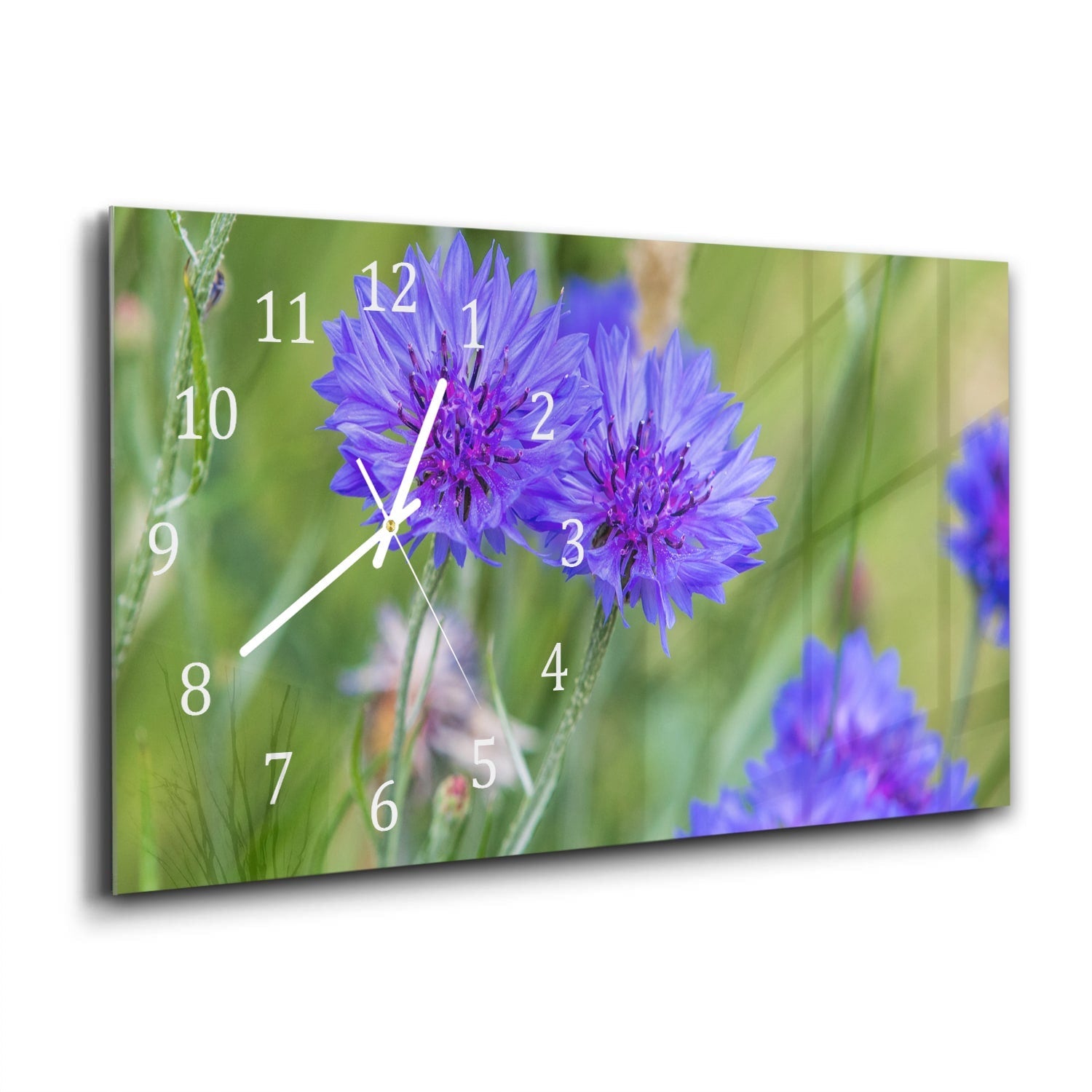 Wandklok 60x30 - Gehard Glas - Felblauw/paarse Korenbloemen