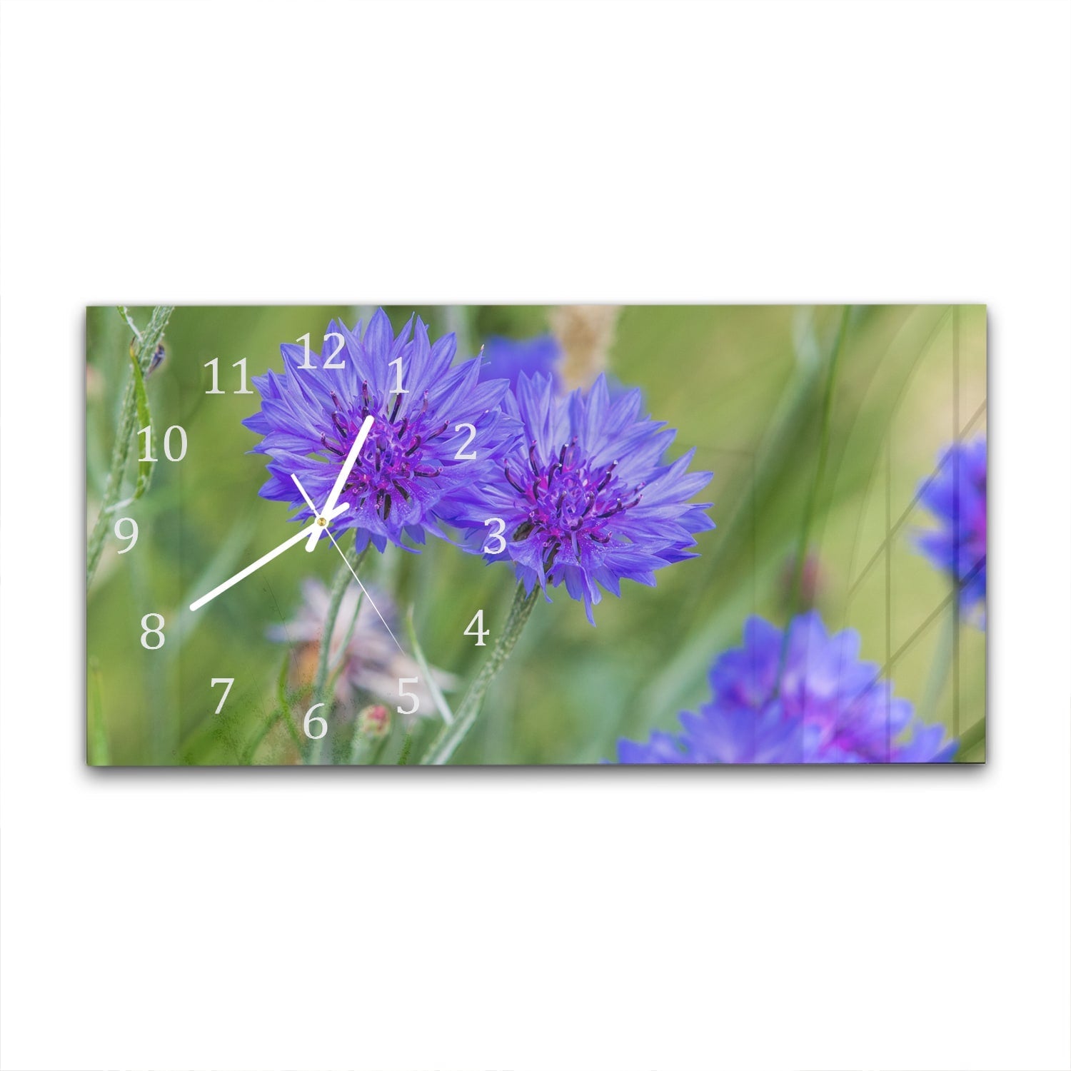 Wandklok 60x30 - Gehard Glas - Felblauw/paarse Korenbloemen