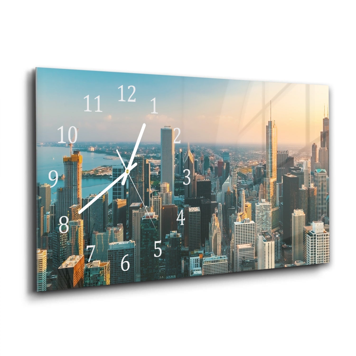 Wandklok 60x30 - Gehard Glas - Chicago Skyline bij Zonsondergang