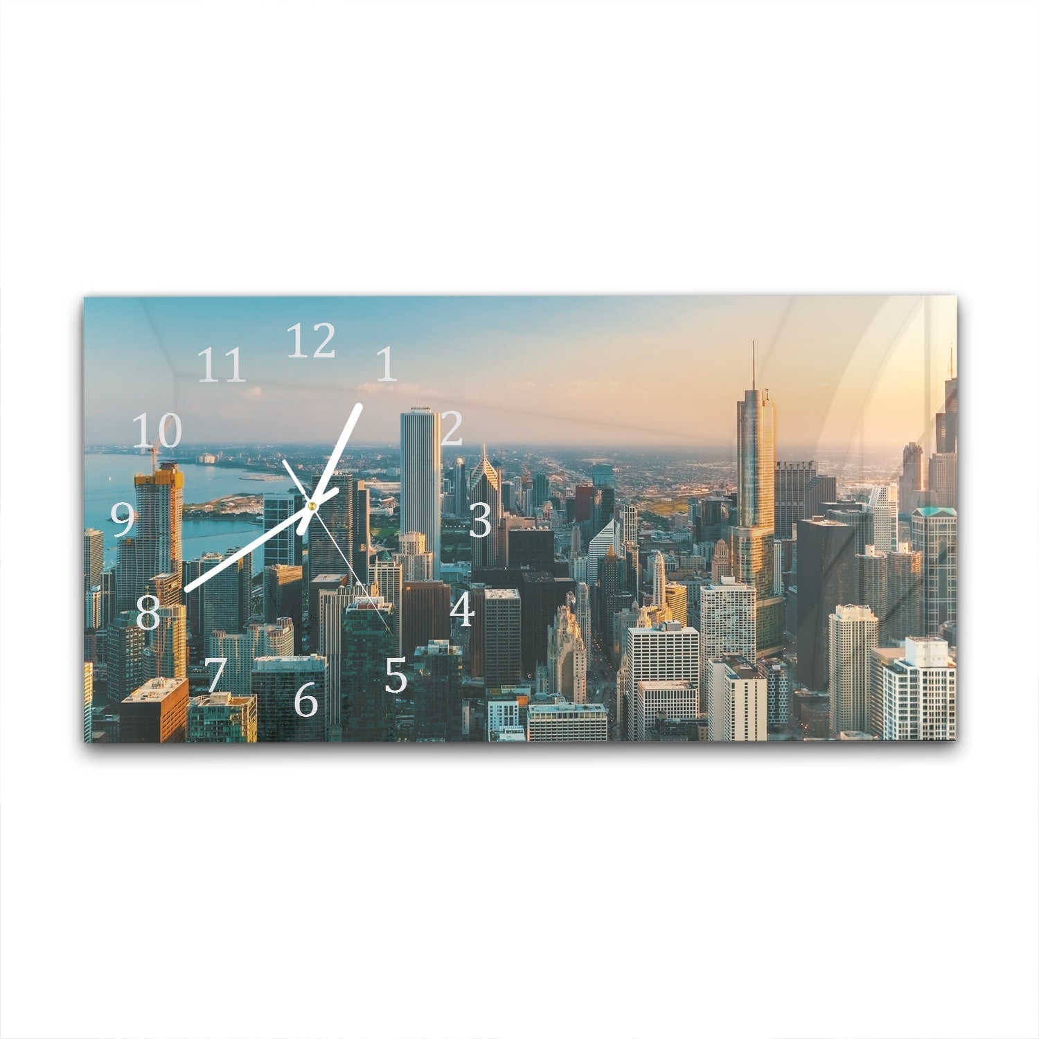 Wandklok 60x30 - Gehard Glas - Chicago Skyline bij Zonsondergang