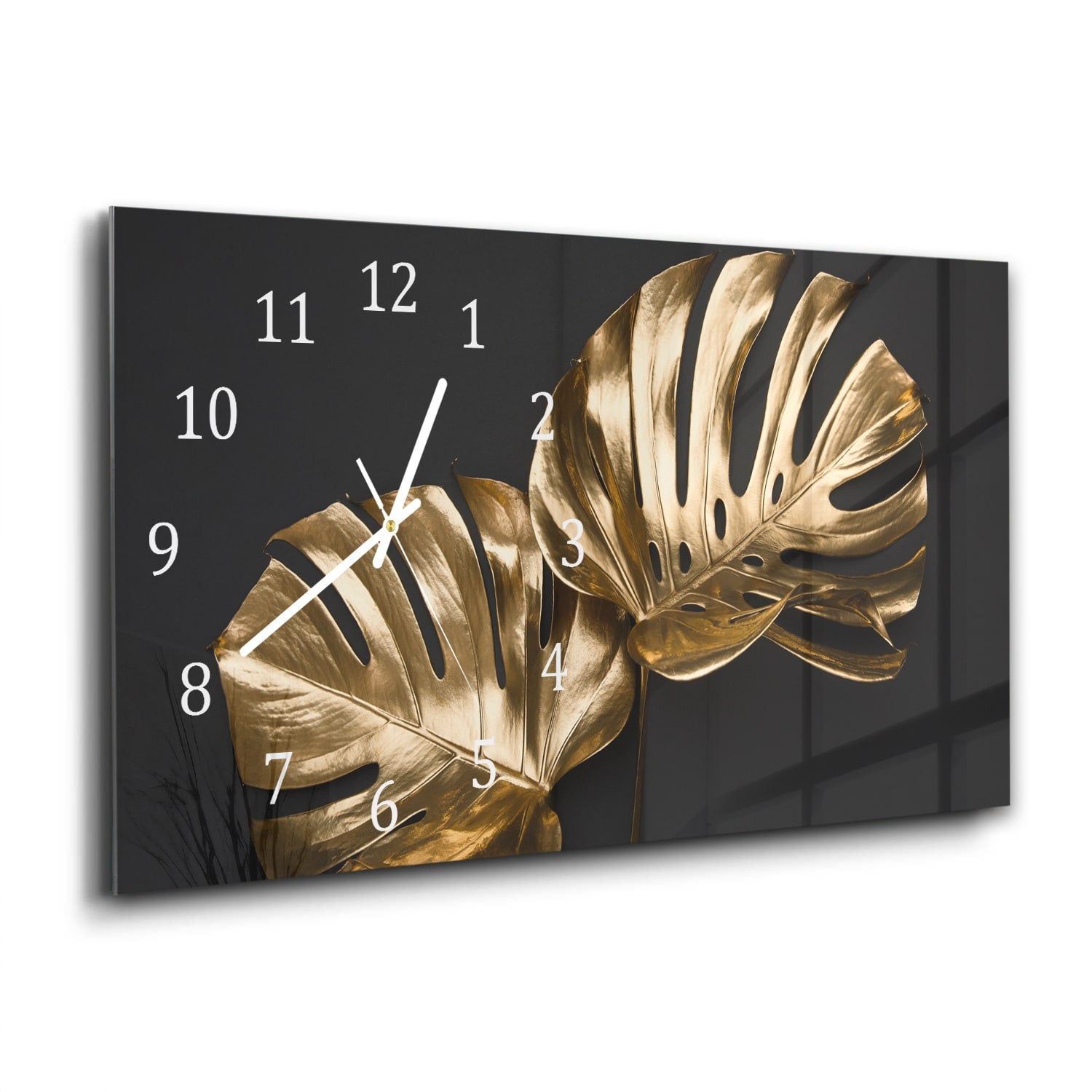 Wandklok 60x30 - Gehard Glas - Luxueuze Gouden Monstera Bladeren