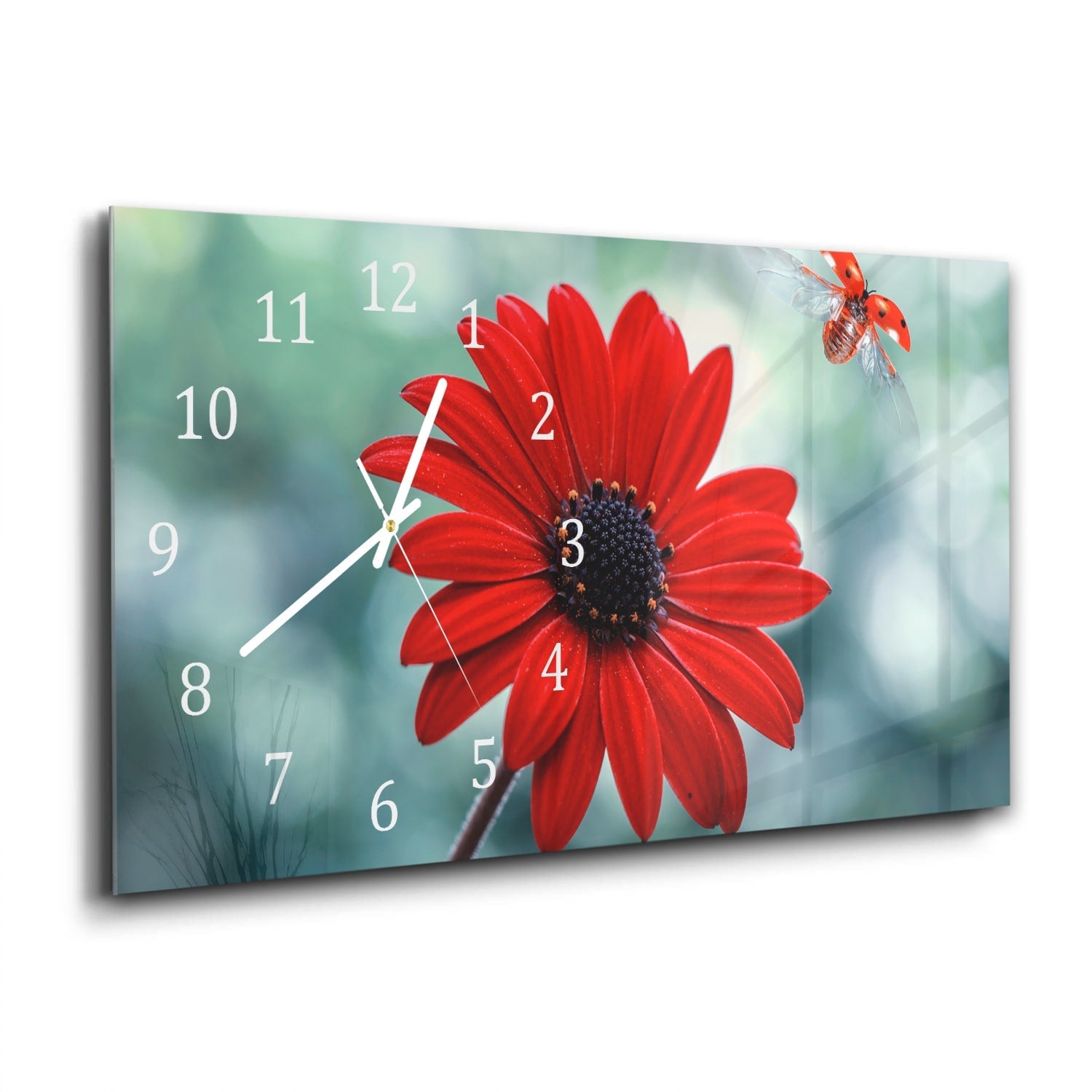 Wandklok 60x30 - Gehard Glas - Rode Bloem en Lieveheersbeestje