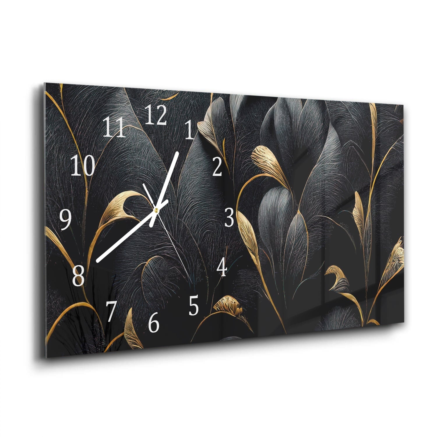 Wandklok 60x30 - Gehard Glas - Luxe Zwarte en Gouden Bloemenpatroon