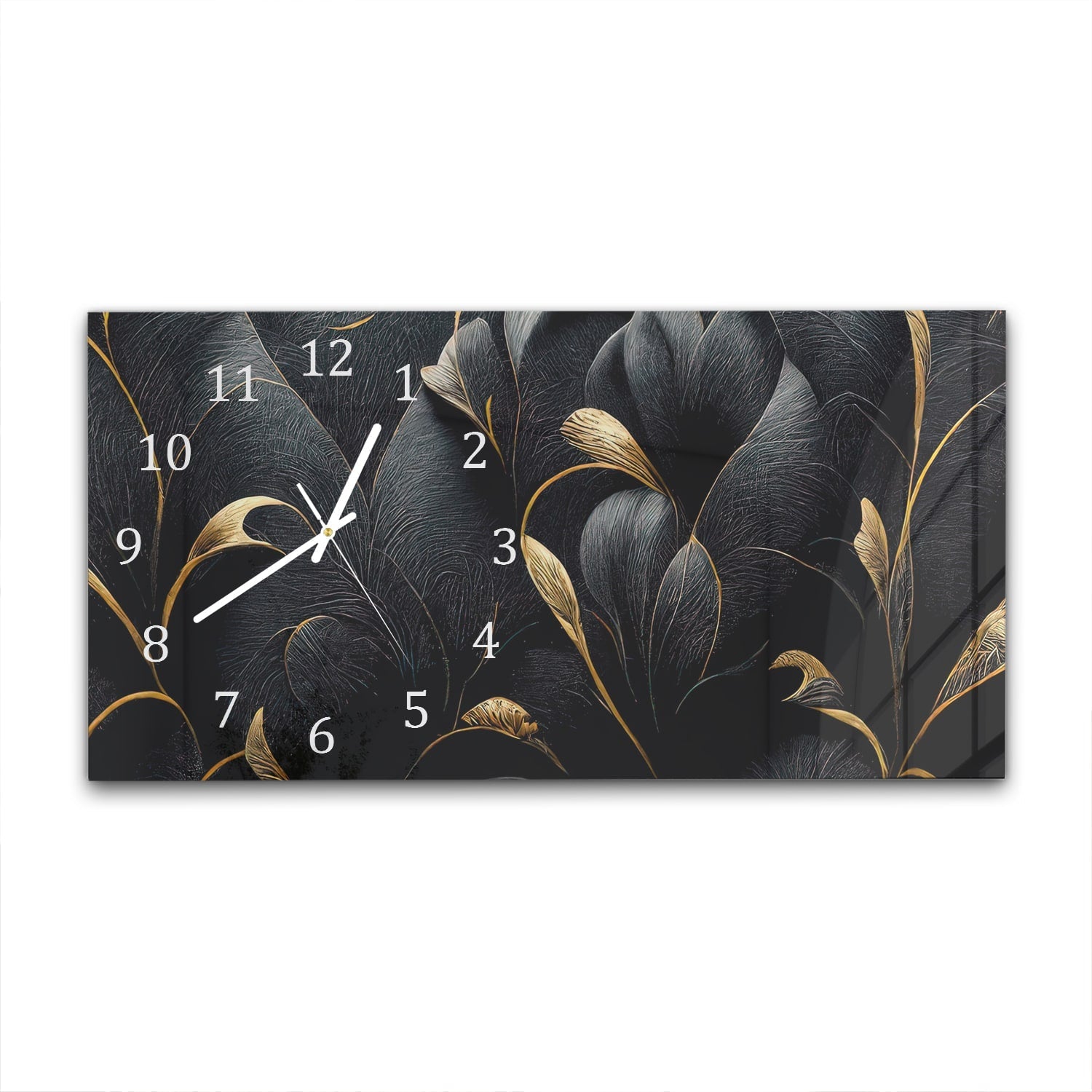 Wandklok 60x30 - Gehard Glas - Luxe Zwarte en Gouden Bloemenpatroon