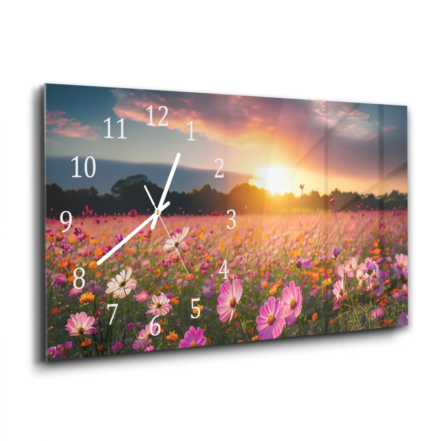 Wandklok 60x30 - Gehard Glas - Zomerbloemen bij Zonsondergang