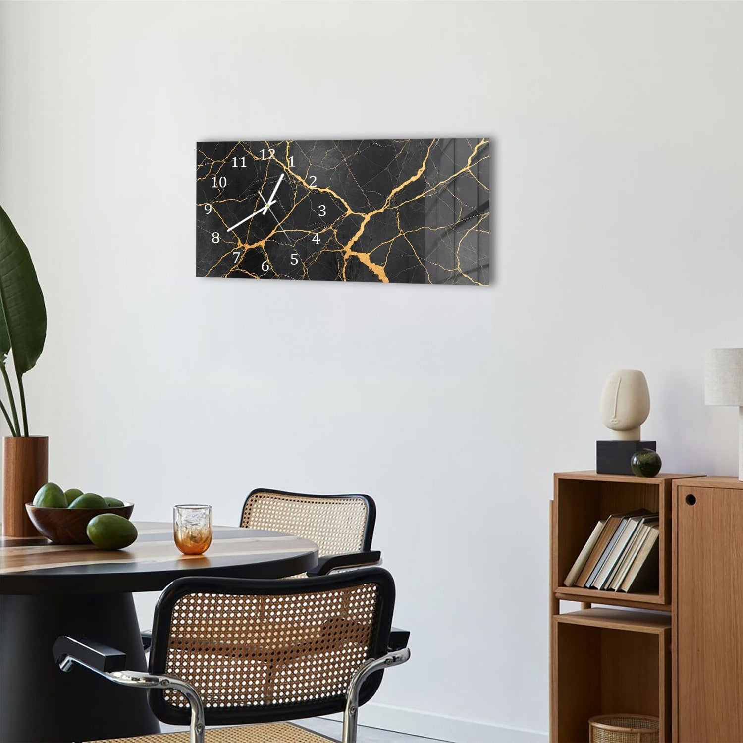 Wandklok 60x30 - Gehard Glas - Gouden Aders In Zwart Marmer