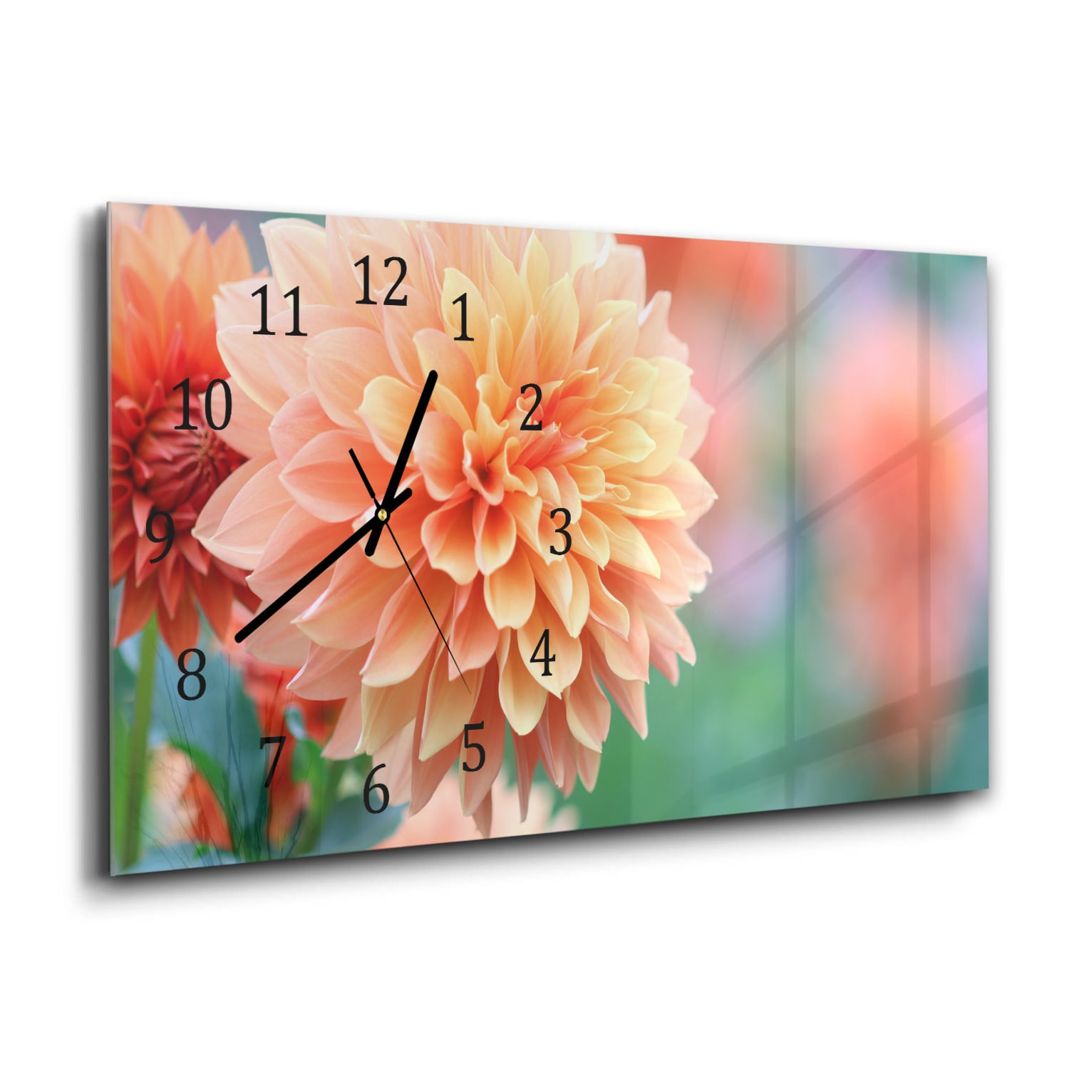 Wandklok 60x30 - Gehard Glas - Roze/Gele Dahlia