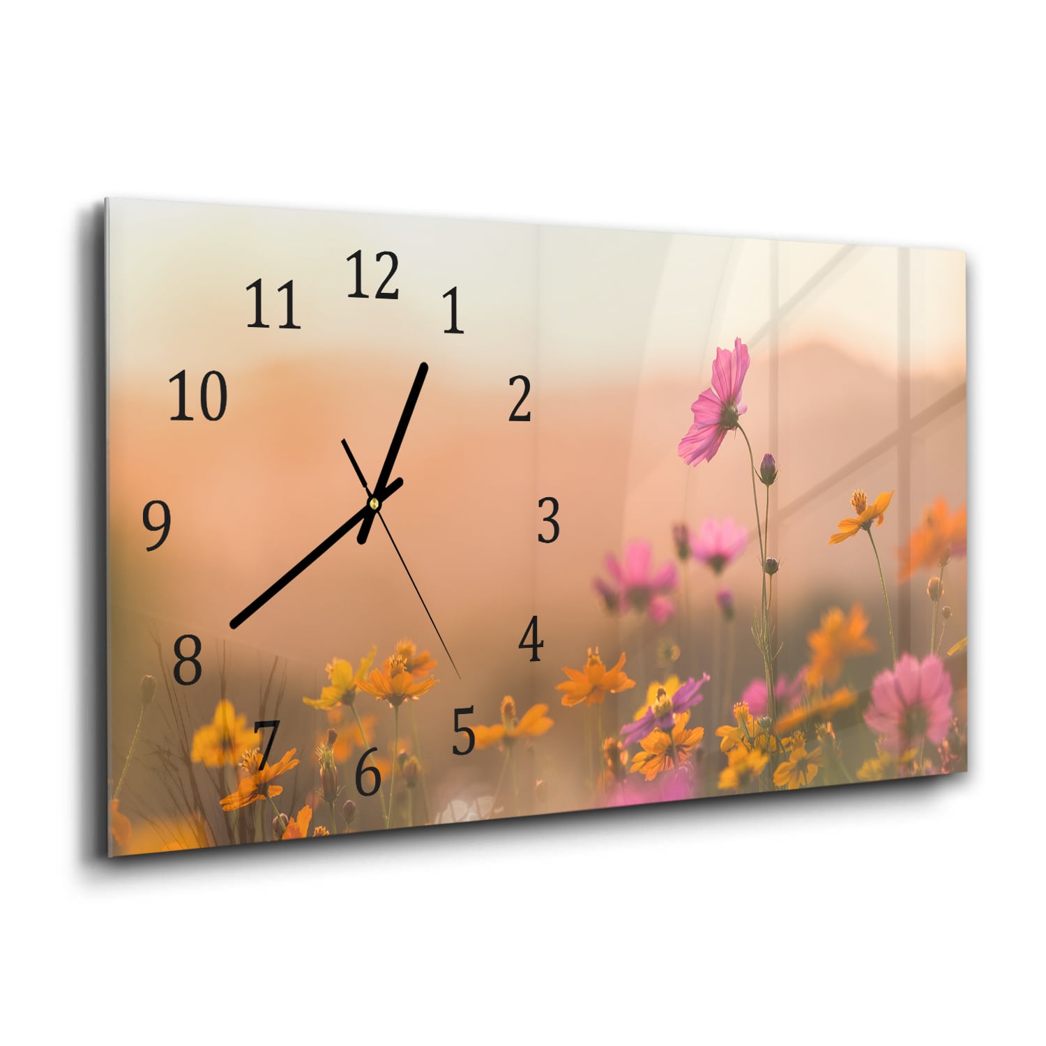 Wandklok 60x30 - Gehard Glas - Kleurrijke Bloemen bij Zonsondergang