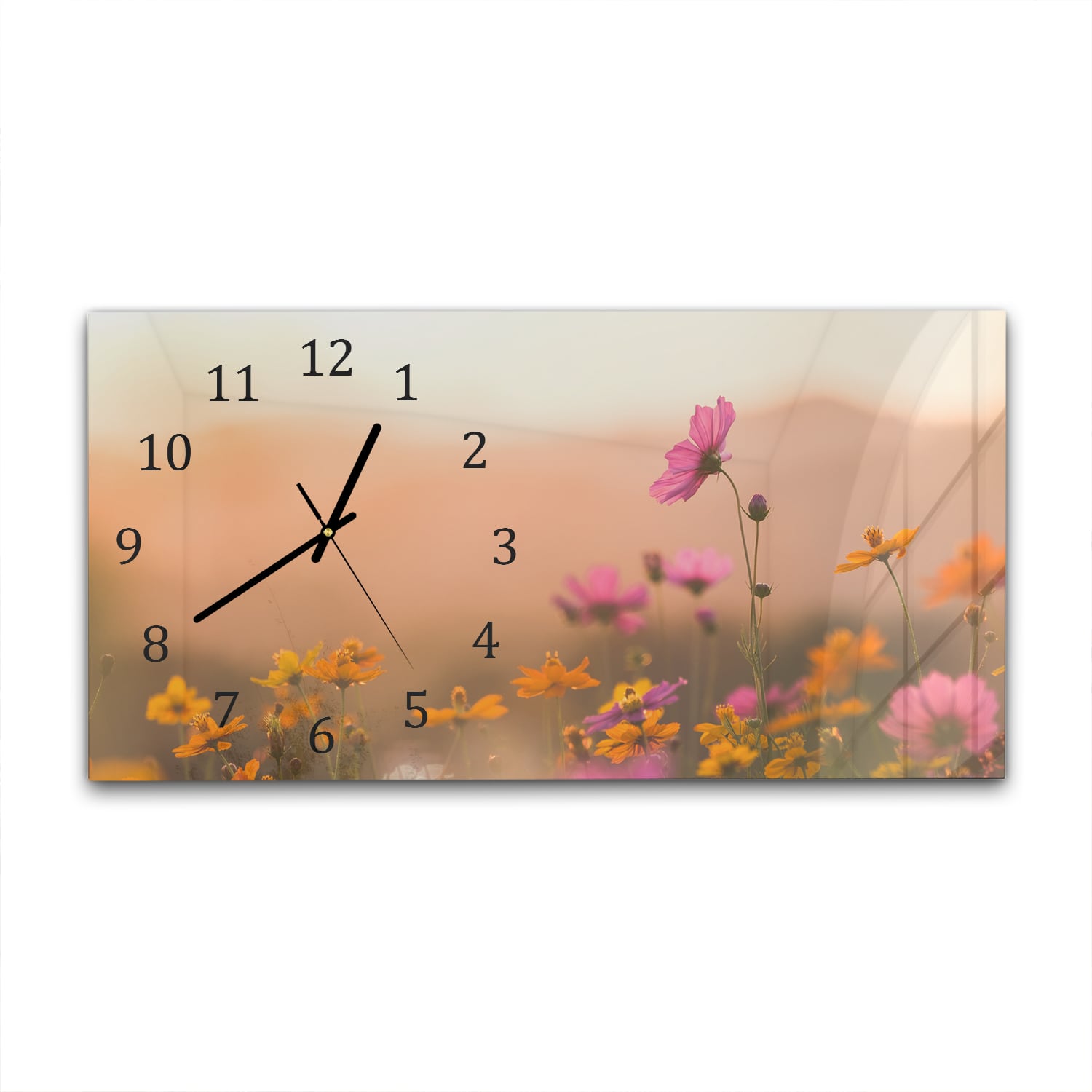 Wandklok 60x30 - Gehard Glas - Kleurrijke Bloemen bij Zonsondergang