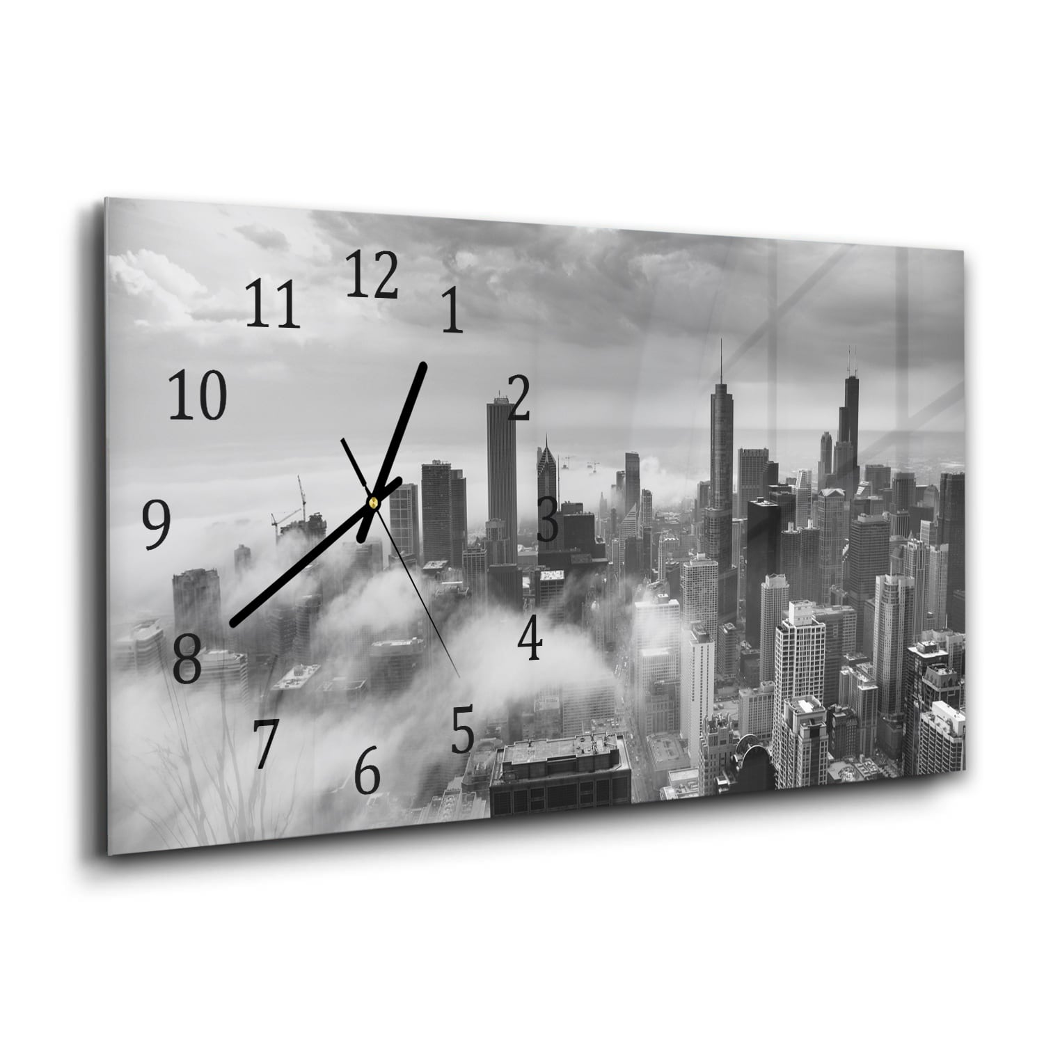 Wandklok 60x30 - Gehard Glas - Chicago Skyline in de Mist